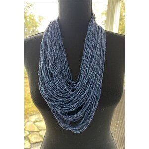 Chicos Blue Seed Bead Silver Tone 16" Long Layered Statement Necklace NEW
